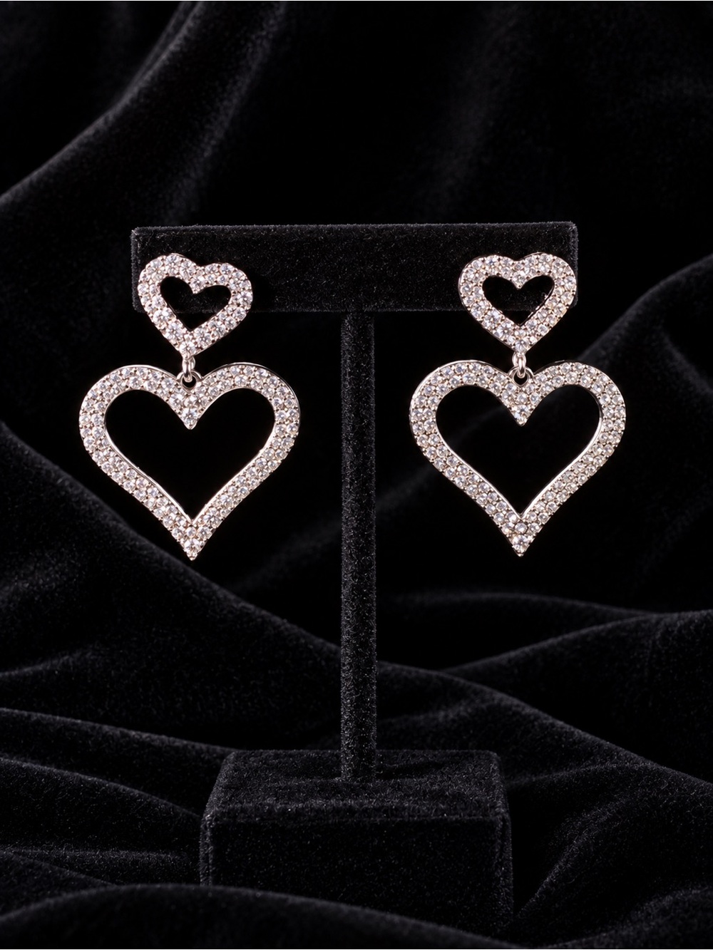 Pavé Double Heart Drop Earrings in Silver